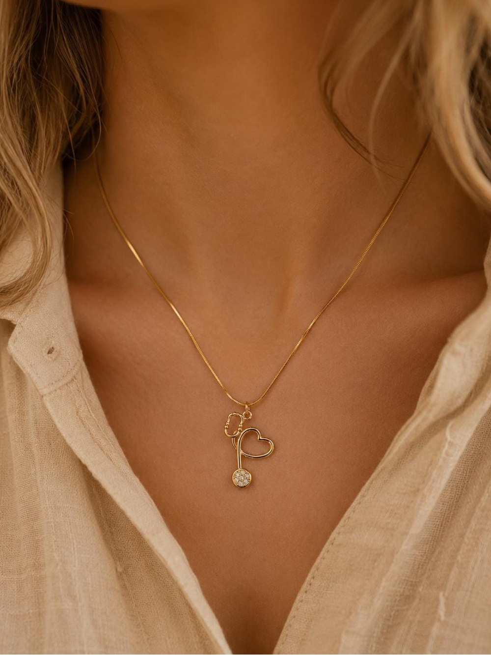 Gold Stethoscope Heart Necklace, Cubic Zirconia Nurse Necklace, Medical Jewelry - Picture 2 of 3